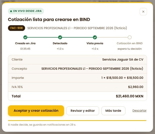 Aviso en vivo de un ticket nuevo