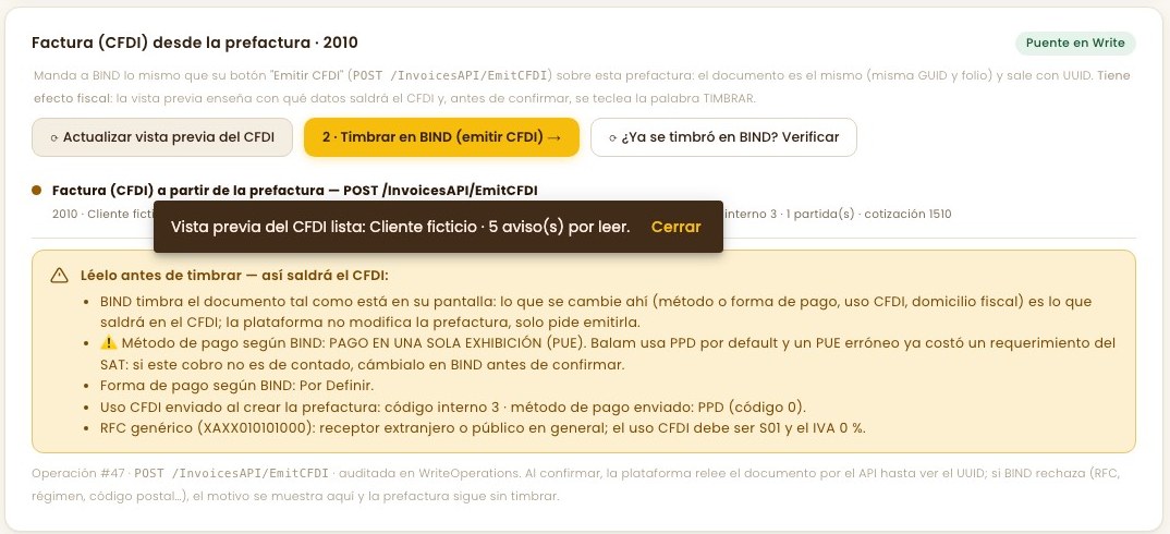 Vista previa del timbrado con avisos